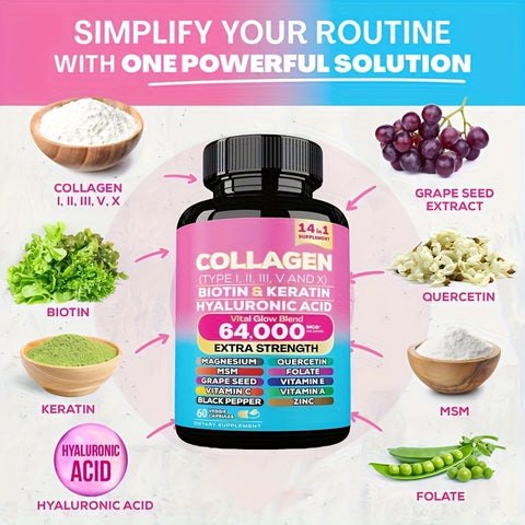 Collagen Capsules Peptides I, II, III, V, And X Microgram Biotin Keratin Hyaluronic Acid MSM Vitamin A Vitamin C Vitamin E Folic Acid Zinc Magnesium Containing Grape Seed Extract And Quercetin