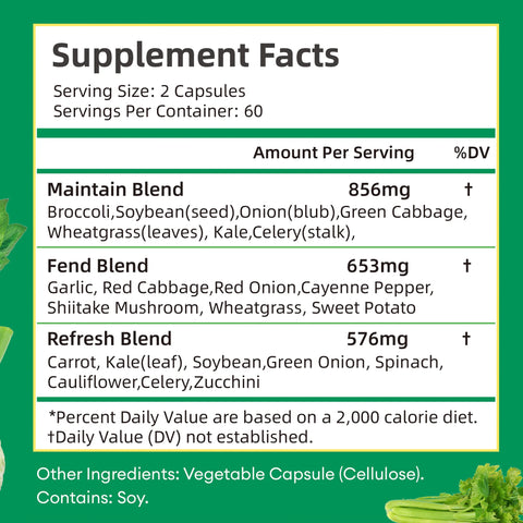 Veggies Supplement - Boosts Energy and Immunity, Antioxidant, Improves Digestive Health - 120 Capsules