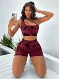 Shoulder Tie Dye Short Butt Lifting Workout Nylon Athletic Gym Fitness Sets Yoga Biker Women Shorts Sets