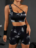Shoulder Tie Dye Short Butt Lifting Workout Nylon Athletic Gym Fitness Sets Yoga Biker Women Shorts Sets