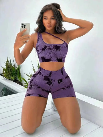 Shoulder Tie Dye Short Butt Lifting Workout Nylon Athletic Gym Fitness Sets Yoga Biker Women Shorts Sets
