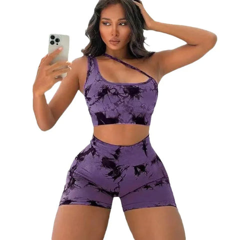 Shoulder Tie Dye Short Butt Lifting Workout Nylon Athletic Gym Fitness Sets Yoga Biker Women Shorts Sets