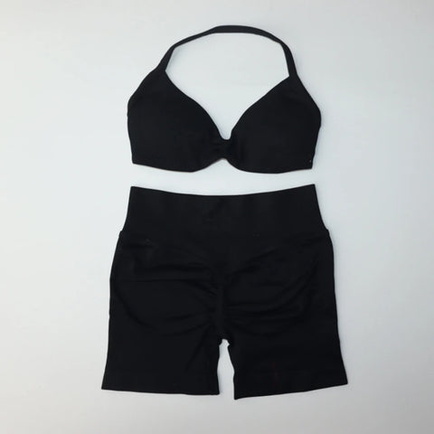 DF Logo Impact Gym Set 2 Piece Women Strappy Yoga Bra Top Workout Scrunch Shorts Sports Suit Fitness Clothes Seamless Yoga Set