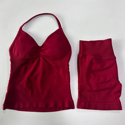 2pcs Impact Gym Set Women Backless Tank Tops High Waist Scrunch Seamless Shorts Fitness Clothes Activewear Workout Sets Gym Suit