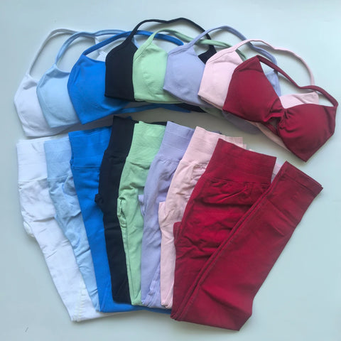 2 Pieces Seamless Impact Yoga Set Women Workout Scrunch Leggings Set Strappy Halter Sports Bra Fitness Gym Clothing Workout Set