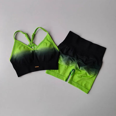 2 Pcs Seamless Gradient Yoga Suit Workout Sports Bra + High Waist Gym Shorts Sport Set Fashion Shorts Sets Sportswear Female