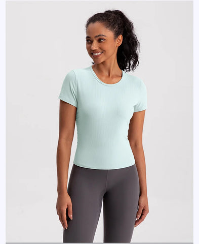 Women Seamless Yoga T-Shirt Ribbed Sports Shirt Breathable Gym Tops Sport Blouse Shirt Short Sleeve Running T-Shirt Yoga Shirts
