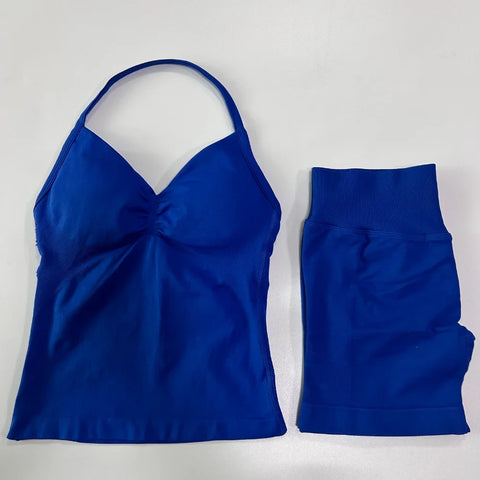 2pcs Impact Gym Set Women Backless Tank Tops High Waist Scrunch Seamless Shorts Fitness Clothes Activewear Workout Sets Gym Suit