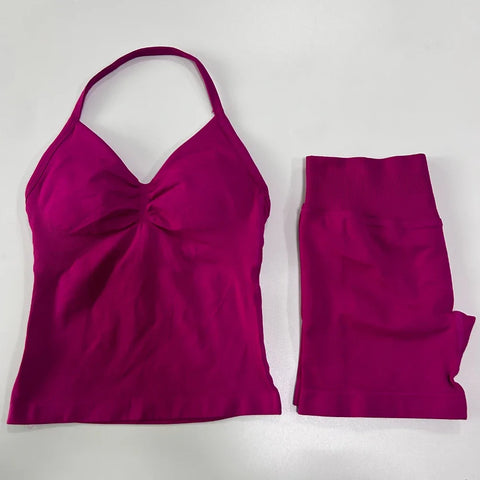 2pcs Impact Gym Set Women Backless Tank Tops High Waist Scrunch Seamless Shorts Fitness Clothes Activewear Workout Sets Gym Suit