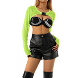 Summer Sexy Mesh Rave Crop Tops Women Sheer Long Sleeve Crop Top See Through Cover Ups Front Buckle Sun Protection Shirt