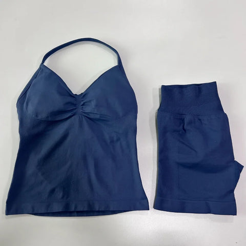 2pcs Impact Gym Set Women Backless Tank Tops High Waist Scrunch Seamless Shorts Fitness Clothes Activewear Workout Sets Gym Suit