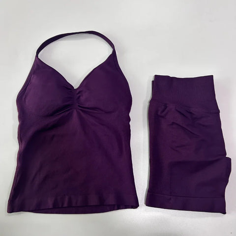 2pcs Impact Gym Set Women Backless Tank Tops High Waist Scrunch Seamless Shorts Fitness Clothes Activewear Workout Sets Gym Suit