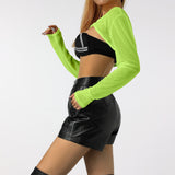 Summer Sexy Mesh Rave Crop Tops Women Sheer Long Sleeve Crop Top See Through Cover Ups Front Buckle Sun Protection Shirt