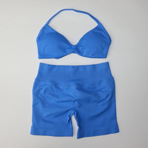 DF Logo Impact Gym Set 2 Piece Women Strappy Yoga Bra Top Workout Scrunch Shorts Sports Suit Fitness Clothes Seamless Yoga Set