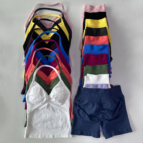 2pcs Impact Gym Set Women Backless Tank Tops High Waist Scrunch Seamless Shorts Fitness Clothes Activewear Workout Sets Gym Suit