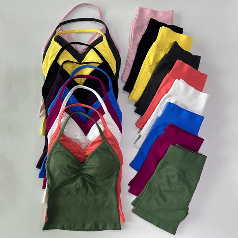 2pcs Impact Gym Set Women Backless Tank Tops High Waist Scrunch Seamless Shorts Fitness Clothes Activewear Workout Sets Gym Suit