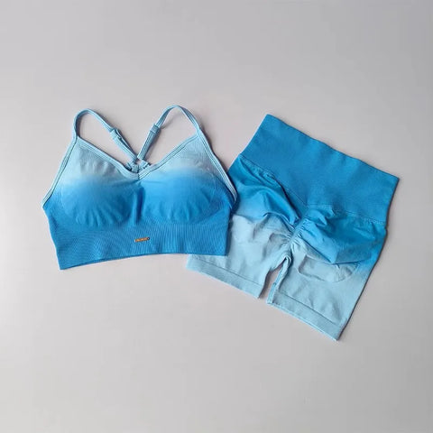 2 Pcs Seamless Gradient Yoga Suit Workout Sports Bra + High Waist Gym Shorts Sport Set Fashion Shorts Sets Sportswear Female