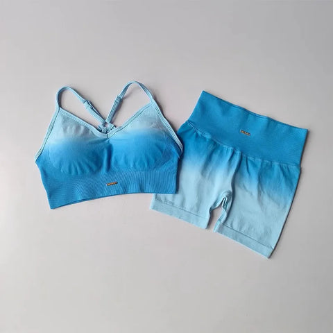 2 Pcs Seamless Gradient Yoga Suit Workout Sports Bra + High Waist Gym Shorts Sport Set Fashion Shorts Sets Sportswear Female