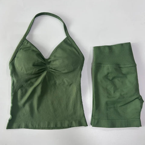 2pcs Impact Gym Set Women Backless Tank Tops High Waist Scrunch Seamless Shorts Fitness Clothes Activewear Workout Sets Gym Suit
