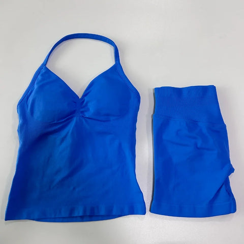 2pcs Impact Gym Set Women Backless Tank Tops High Waist Scrunch Seamless Shorts Fitness Clothes Activewear Workout Sets Gym Suit