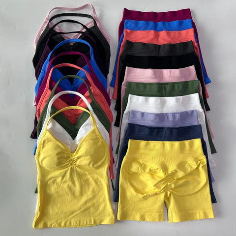 2pcs Impact Gym Set Women Backless Tank Tops High Waist Scrunch Seamless Shorts Fitness Clothes Activewear Workout Sets Gym Suit