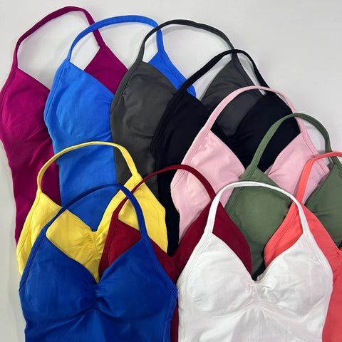 Impact Longline Strappy Gym Top Backless Women Built-in Bra With Pad Breathable Gym Clothes Running Yoga Vest Tank Tops XS-XL