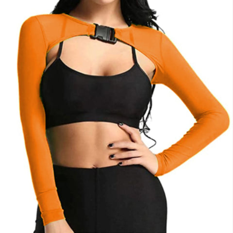 Summer Sexy Mesh Rave Crop Tops Women Sheer Long Sleeve Crop Top See Through Cover Ups Front Buckle Sun Protection Shirt