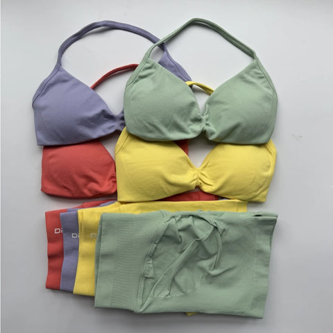 DF Logo Impact Gym Set 2 Piece Women Strappy Yoga Bra Top Workout Scrunch Shorts Sports Suit Fitness Clothes Seamless Yoga Set