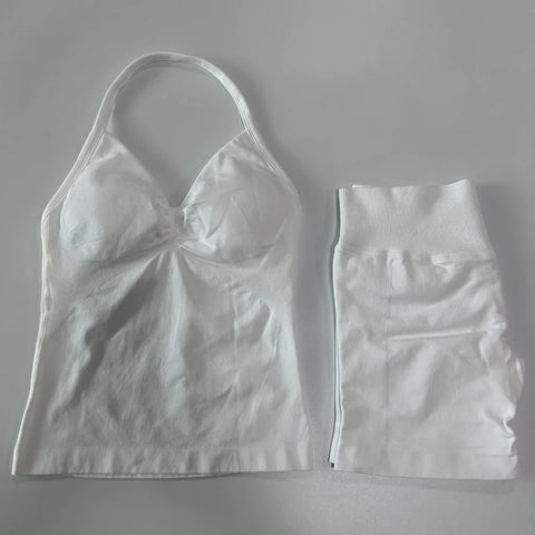 2pcs Impact Gym Set Women Backless Tank Tops High Waist Scrunch Seamless Shorts Fitness Clothes Activewear Workout Sets Gym Suit