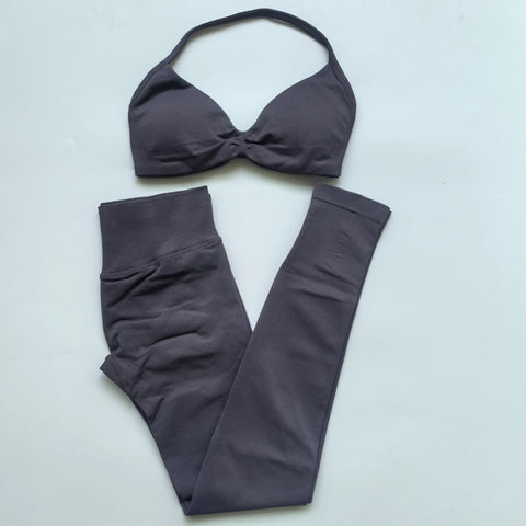 2 Pieces Seamless Impact Yoga Set Women Workout Scrunch Leggings Set Strappy Halter Sports Bra Fitness Gym Clothing Workout Set