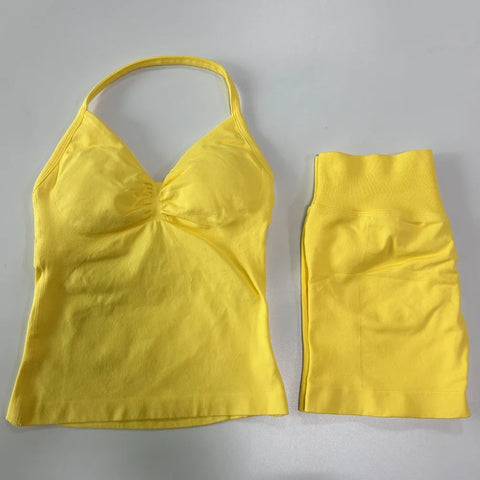 2pcs Impact Gym Set Women Backless Tank Tops High Waist Scrunch Seamless Shorts Fitness Clothes Activewear Workout Sets Gym Suit