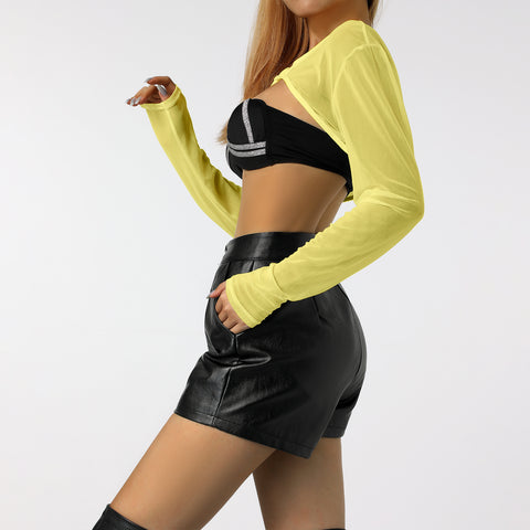 Summer Sexy Mesh Rave Crop Tops Women Sheer Long Sleeve Crop Top See Through Cover Ups Front Buckle Sun Protection Shirt