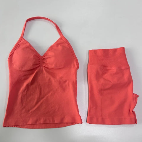 2pcs Impact Gym Set Women Backless Tank Tops High Waist Scrunch Seamless Shorts Fitness Clothes Activewear Workout Sets Gym Suit