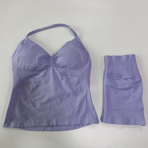 2pcs Impact Gym Set Women Backless Tank Tops High Waist Scrunch Seamless Shorts Fitness Clothes Activewear Workout Sets Gym Suit