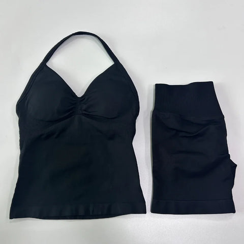 2pcs Impact Gym Set Women Backless Tank Tops High Waist Scrunch Seamless Shorts Fitness Clothes Activewear Workout Sets Gym Suit