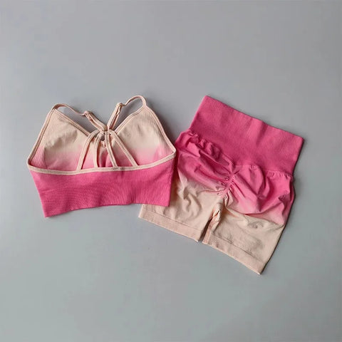 2 Pcs Seamless Gradient Yoga Suit Workout Sports Bra + High Waist Gym Shorts Sport Set Fashion Shorts Sets Sportswear Female