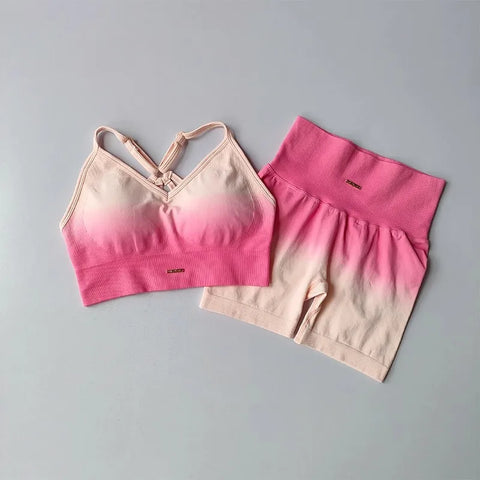 2 Pcs Seamless Gradient Yoga Suit Workout Sports Bra + High Waist Gym Shorts Sport Set Fashion Shorts Sets Sportswear Female