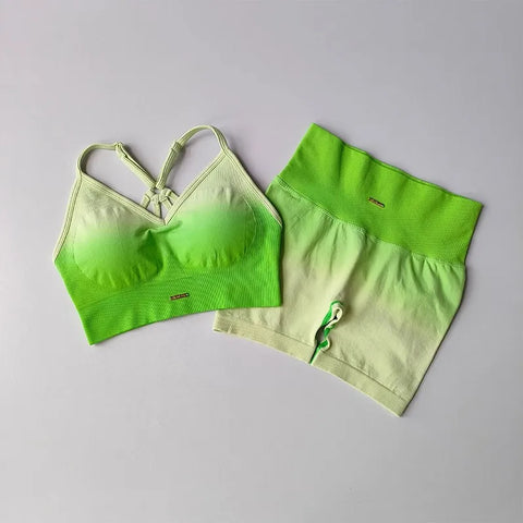 2 Pcs Seamless Gradient Yoga Suit Workout Sports Bra + High Waist Gym Shorts Sport Set Fashion Shorts Sets Sportswear Female