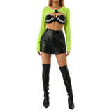 Summer Sexy Mesh Rave Crop Tops Women Sheer Long Sleeve Crop Top See Through Cover Ups Front Buckle Sun Protection Shirt