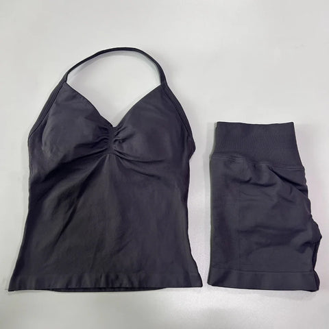 2pcs Impact Gym Set Women Backless Tank Tops High Waist Scrunch Seamless Shorts Fitness Clothes Activewear Workout Sets Gym Suit