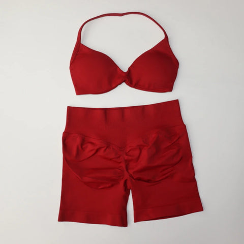 DF Logo Impact Gym Set 2 Piece Women Strappy Yoga Bra Top Workout Scrunch Shorts Sports Suit Fitness Clothes Seamless Yoga Set
