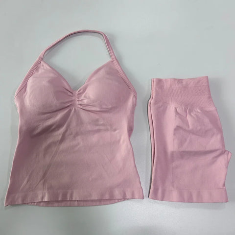 2pcs Impact Gym Set Women Backless Tank Tops High Waist Scrunch Seamless Shorts Fitness Clothes Activewear Workout Sets Gym Suit