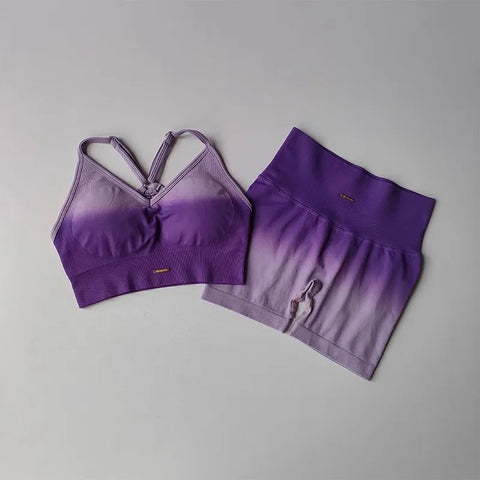2 Pcs Seamless Gradient Yoga Suit Workout Sports Bra + High Waist Gym Shorts Sport Set Fashion Shorts Sets Sportswear Female