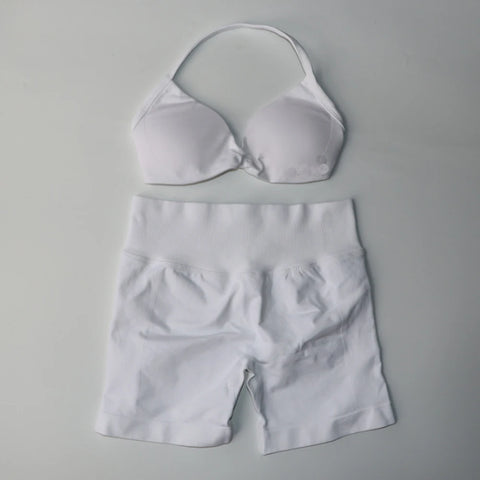 DF Logo Impact Gym Set 2 Piece Women Strappy Yoga Bra Top Workout Scrunch Shorts Sports Suit Fitness Clothes Seamless Yoga Set