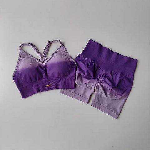 2 Pcs Seamless Gradient Yoga Suit Workout Sports Bra + High Waist Gym Shorts Sport Set Fashion Shorts Sets Sportswear Female
