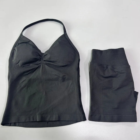 2pcs Impact Gym Set Women Backless Tank Tops High Waist Scrunch Seamless Shorts Fitness Clothes Activewear Workout Sets Gym Suit