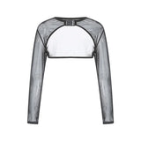 Summer Sexy Mesh Rave Crop Tops Women Sheer Long Sleeve Crop Top See Through Cover Ups Front Buckle Sun Protection Shirt