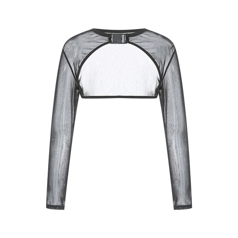 Summer Sexy Mesh Rave Crop Tops Women Sheer Long Sleeve Crop Top See Through Cover Ups Front Buckle Sun Protection Shirt