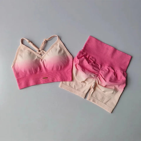 2 Pcs Seamless Gradient Yoga Suit Workout Sports Bra + High Waist Gym Shorts Sport Set Fashion Shorts Sets Sportswear Female