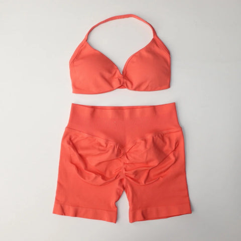 DF Logo Impact Gym Set 2 Piece Women Strappy Yoga Bra Top Workout Scrunch Shorts Sports Suit Fitness Clothes Seamless Yoga Set